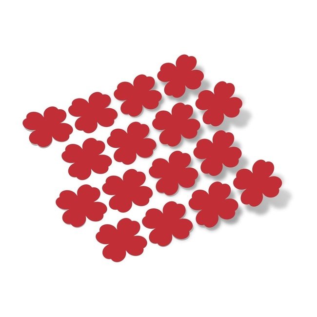 Vibrant red shamrock-shaped vinyl wall decals arranged in a scattered pattern on a white background.