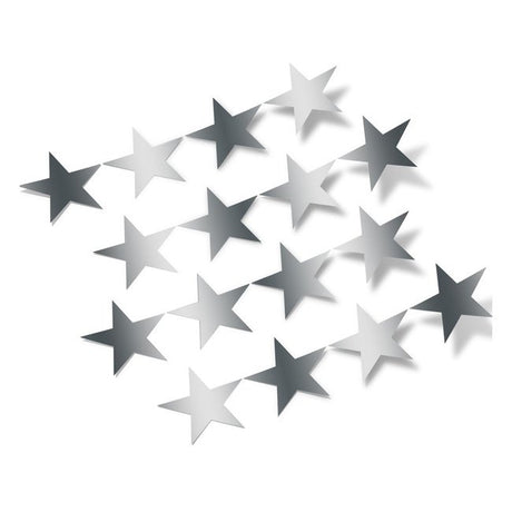 Metallic Silver Stars Vinyl Wall Decals - Decorative peel-and-stick stars in various silver hues arranged on a white background, providing a modern and minimalistic wall art design.