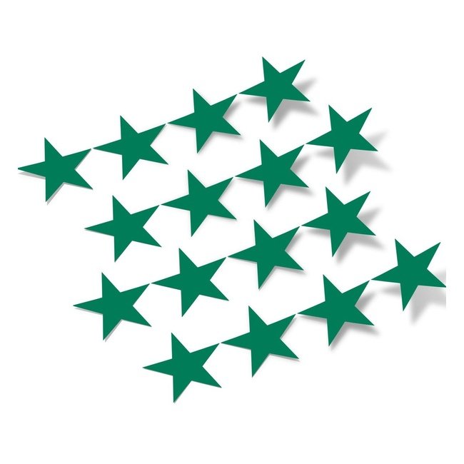 Green Stars Vinyl Wall Decals - A set of various sized green star-shaped wall decals arranged in an abstract pattern on a plain white background.