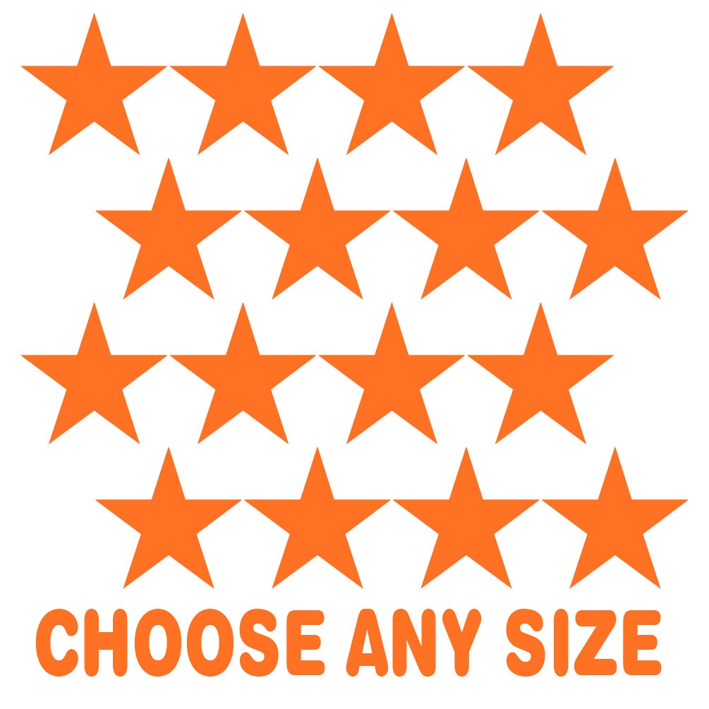 Bright orange star-shaped vinyl wall decals with customizable size options.