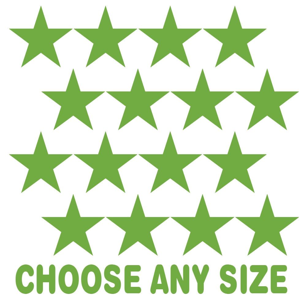 Green star-shaped vinyl wall decals on a white background. The image showcases multiple lime green stars that can be customized in various sizes according to the customer's preference. This product from Decal Venue allows users to express their style and creativity through unique wall decor.