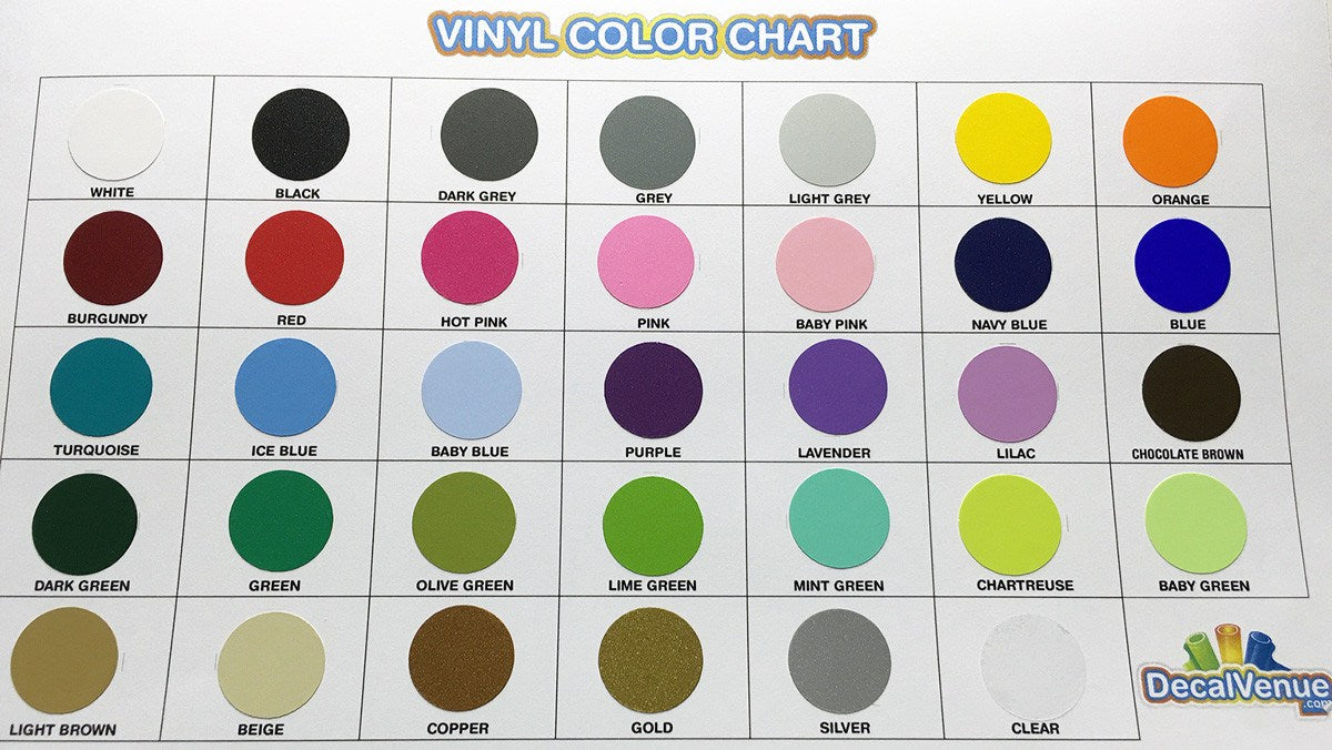 Detailed vinyl color chart showcasing a wide range of vibrant and varied color options for decals or stickers, including black, white, red, blue, green, and other hues, provided by Decal Venue, an online store specializing in unique stickers and digital art.