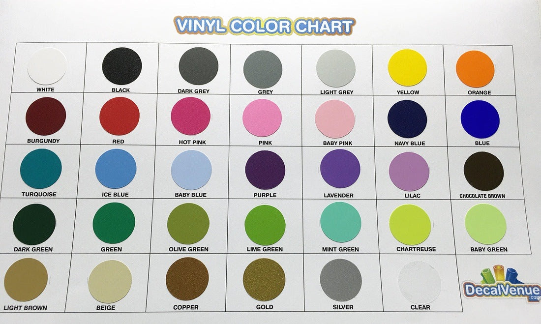 Detailed color chart of various vinyl hues and shades, including white, black, gray, yellow, orange, red, pink, blue, green, brown, and more. The chart is an informative reference tool for selecting the perfect vinyl color for any project.