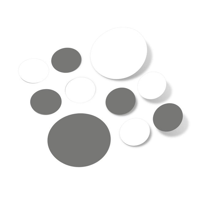 Grey and white polka dot circles wall decals suitable for various surfaces, made from high-quality vinyl.