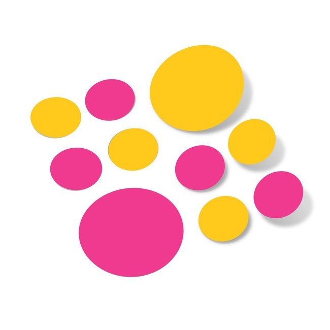 Hot pink and yellow polka dot wall decals for nursery and home decor.