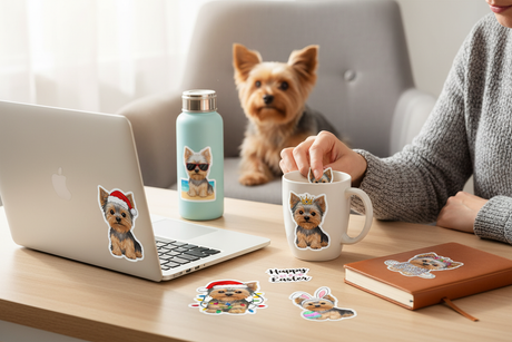 Cute Yorkie stickers decorate a laptop, tumbler, mug, and notebook for fun holiday gifting ideas
