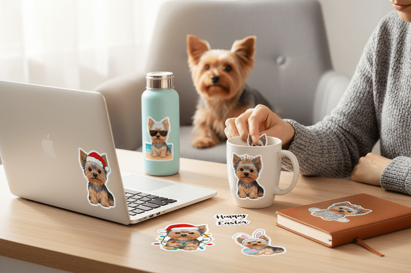 Cute Yorkie stickers decorate a laptop, tumbler, mug, and notebook for fun holiday gifting ideas