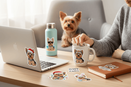 Cute Yorkie stickers decorate a laptop, tumbler, mug, and notebook for fun holiday gifting ideas
