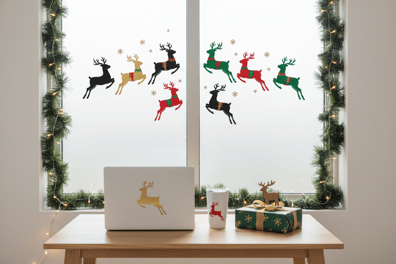 Festive christmas reindeer stickers decorate a window, laptop, and tumbler for holiday gift inspiration