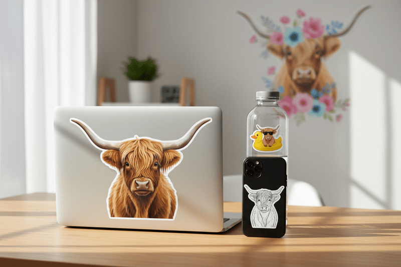 Cute highland cow stickers decorate a laptop, tumbler, and phone, perfect for holiday gift ideas