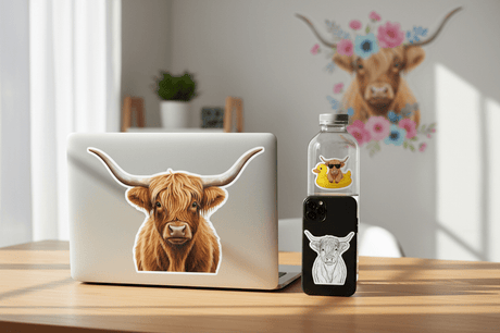 Cute highland cow stickers decorate a laptop, tumbler, and phone, perfect for holiday gift ideas