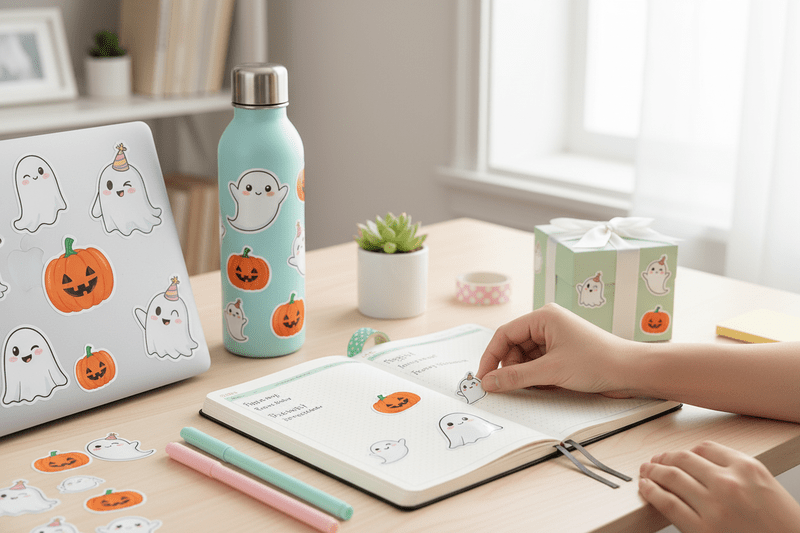 Cute ghost and pumpkin stickers decorate notebooks, water bottles, and gifts for fun Halloween crafts