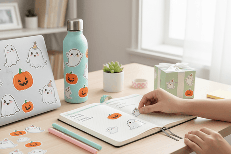 Cute ghost and pumpkin stickers decorate notebooks, water bottles, and gifts for fun Halloween crafts
