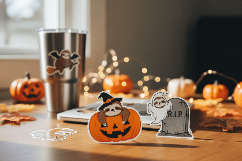Cute halloween sloth stickers decorate a tumbler and laptop, perfect for festive holiday shoppers and sticker fans