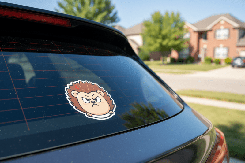 Cute angry hedgehog cartoon sticker displayed on a car window, perfect for holiday gift shoppers