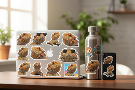 Bearded dragon stickers decorate a laptop, water bottle, and phone for fun holiday gift ideas