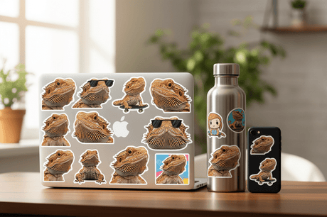 Bearded dragon stickers decorate a laptop, water bottle, and phone for fun holiday gift ideas