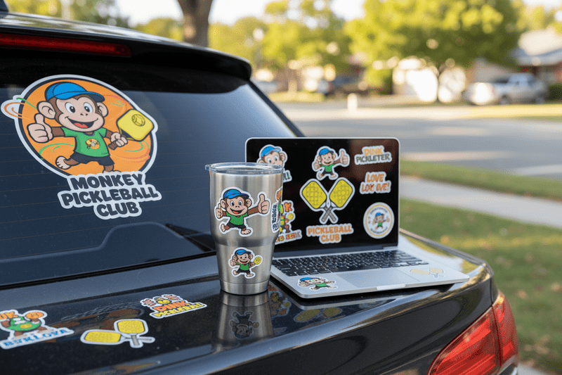 Fun monkey pickleball stickers for laptops, tumblers, windows, and cars make unique holiday gifts