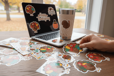Colorful turkey sticker designs for laptops, tumblers, and holiday gifts to decorate your Thanksgiving season