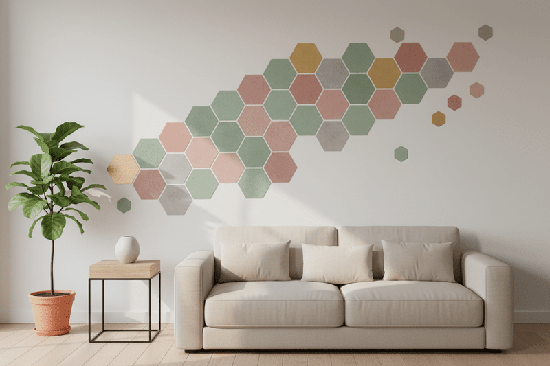 Modern living room with colorful hexagon wall decals creating a stylish geometric accent above a neutral sofa