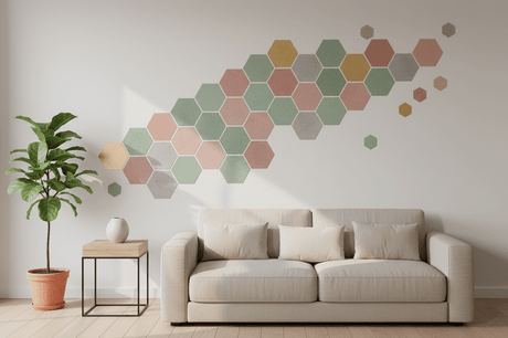 Modern living room with colorful hexagon wall decals creating a stylish geometric accent above a neutral sofa