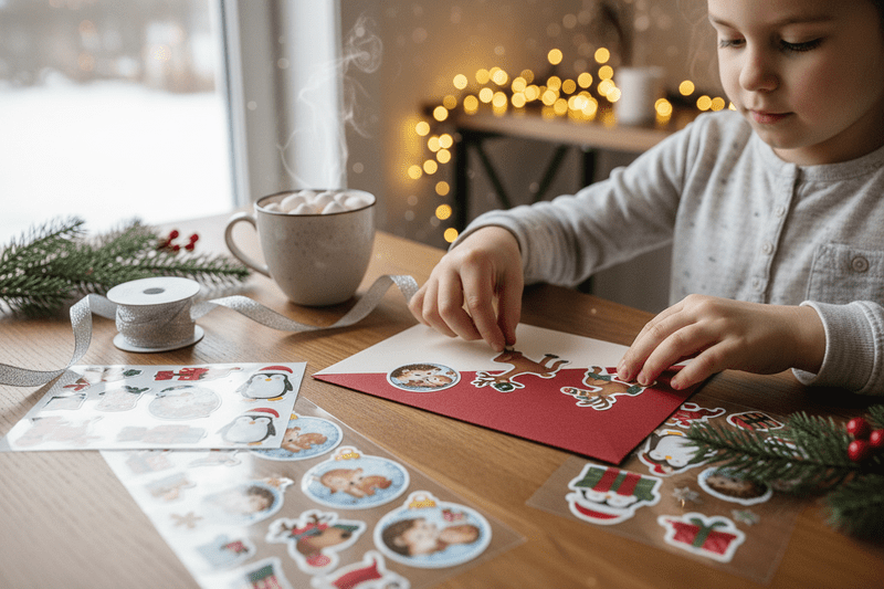 Child decorating a holiday card with Christmas animal stickers, perfect for gifts, laptops, tumblers, and windows