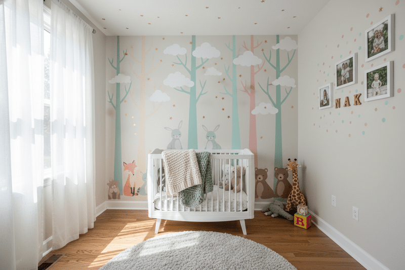 DIY wall decor ideas for a nursery featuring playful animal decals and personalized photo gallery