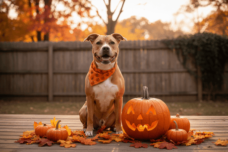 Cute pitbull with pumpkins and autumn leaves, perfect pitbull pumpkin sticker inspiration for fall