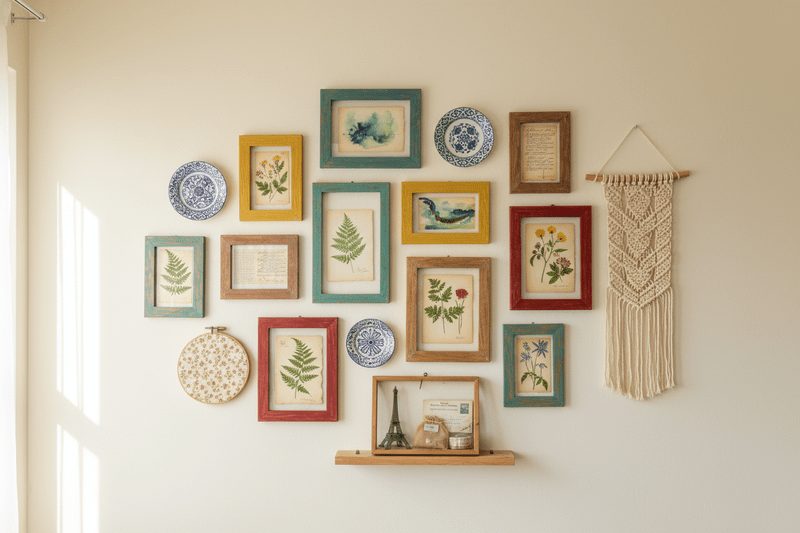 DIY wall decor ideas with colorful frames, botanical prints, and macrame for creative home inspiration