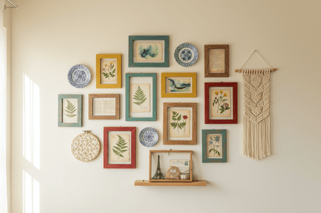 DIY wall decor ideas with colorful frames, botanical prints, and macrame for creative home inspiration