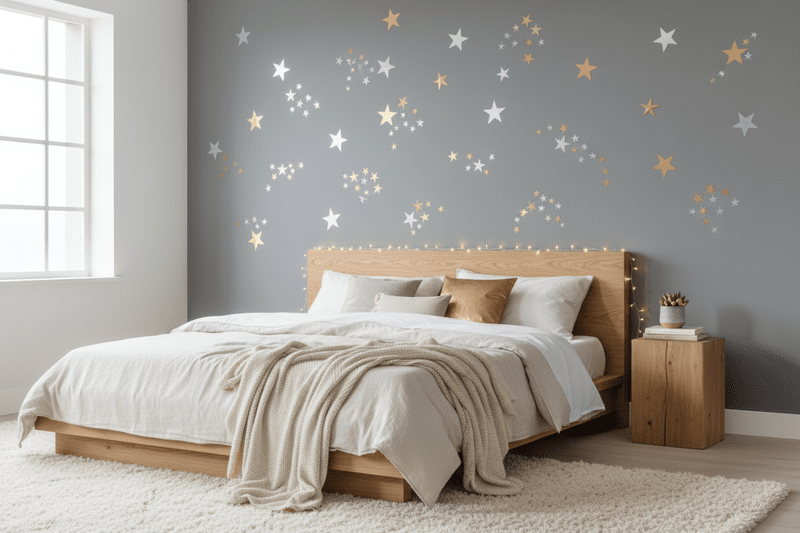 Cozy bedroom decorated with vinyl star wall decor for a dreamy, modern accent wall inspiration