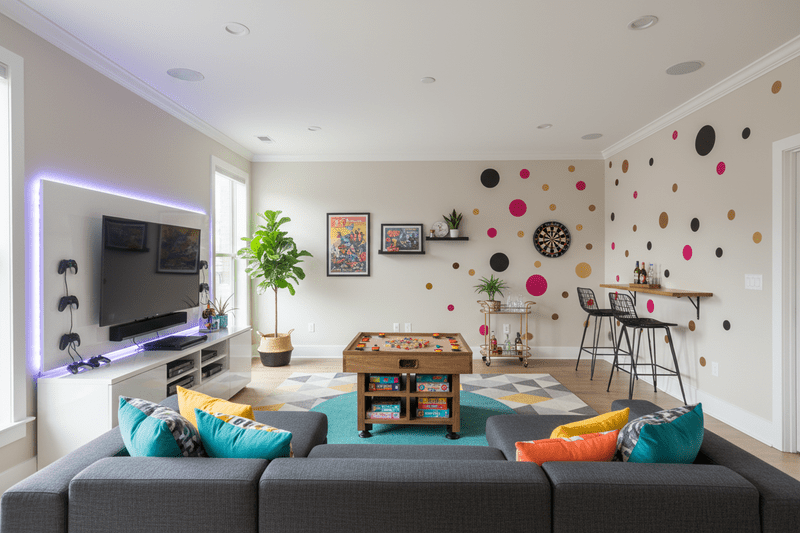 Colorful recreation room with playful wall decals, cozy seating, and creative decor ideas for home inspiration