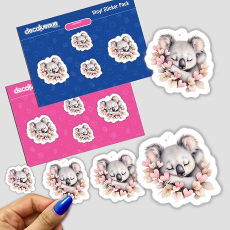 Sleeping Koala with Heart-Shaped Leaves sticker pack featuring charming koalas nestled among heart-shaped leaves, perfect for personalizing laptops, journals, or any flat surface.