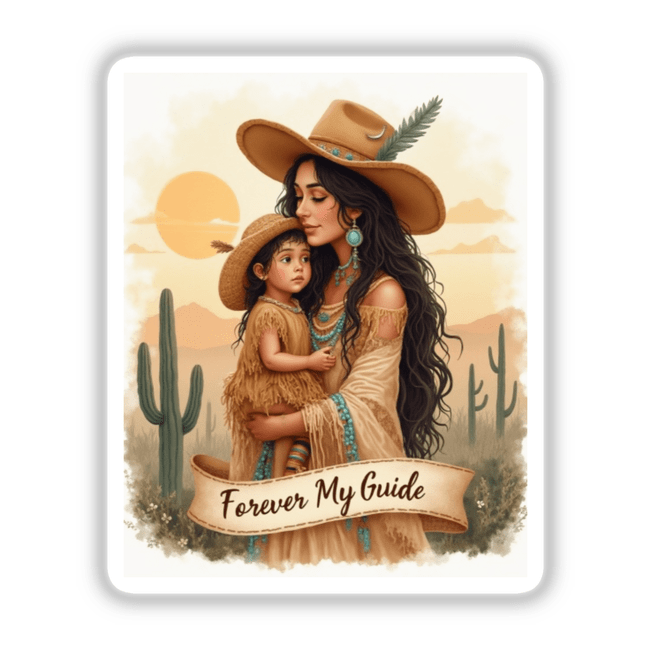 Boho Mystical Western Mother’s Day Sticker and Clipart - Forever My Guide; depicts a woman in a sun hat holding a child, available as stickers or digital artwork.