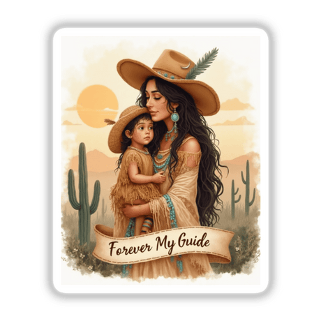 Boho Mystical Western Mother’s Day Sticker and Clipart - Forever My Guide; depicts a woman in a sun hat holding a child, available as stickers or digital artwork.