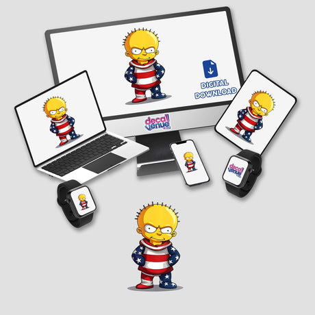 A Funny Guy With An American Flag Outfit depicted on various devices, available as stickers or digital artwork, highlighting unique cartoon designs.