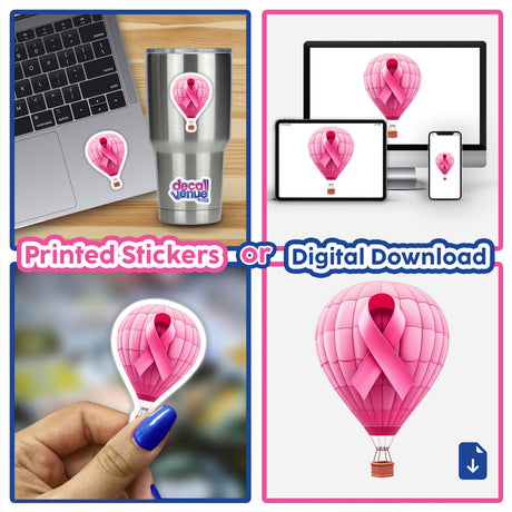 Hot Air Balloon Pink Ribbon Breast Cancer design featuring pink ribbons on a hot air balloon, available as stickers or digital artwork, emphasizing awareness and support.