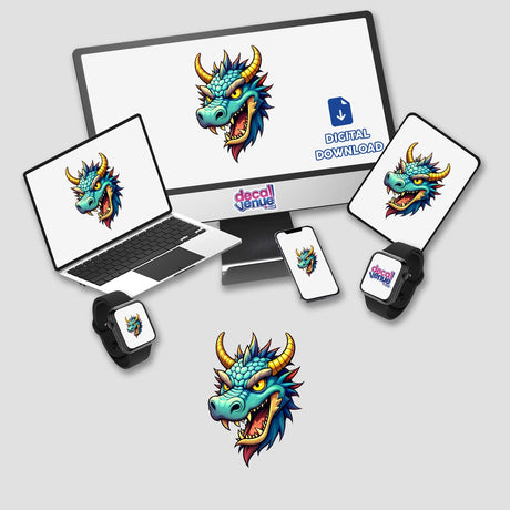A laptop and monitor display A Cool Fantasy Dragon artwork featuring striking dragon heads, available as unique stickers or digital art from Decal Venue.