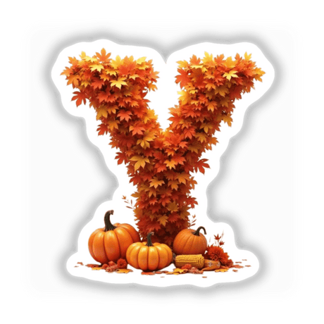 Thanksgiving Letter Y Clipart - Fall Leaves and Pumpkins Design. Features a Y-shaped arrangement of leaves and pumpkins, available as stickers or digital artwork for commercial use.