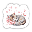 Sleeping Kitten with Hearts: A serene cat rests among stylized pink hearts, available as stickers or digital artwork, capturing a peaceful and charming scene for lovers of unique designs.