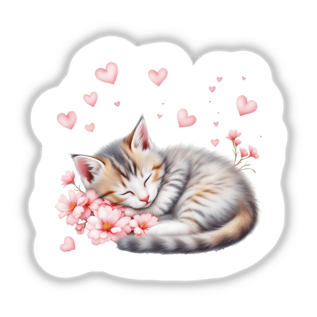 Sleeping Kitten with Hearts: A serene cat rests among stylized pink hearts, available as stickers or digital artwork, capturing a peaceful and charming scene for lovers of unique designs.
