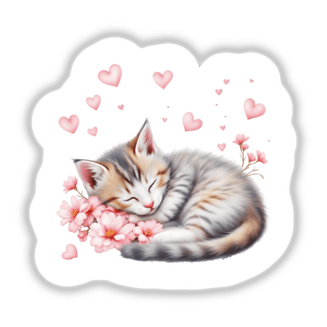 Sleeping Kitten with Hearts: A serene cat rests among stylized pink hearts, available as stickers or digital artwork, capturing a peaceful and charming scene for lovers of unique designs.