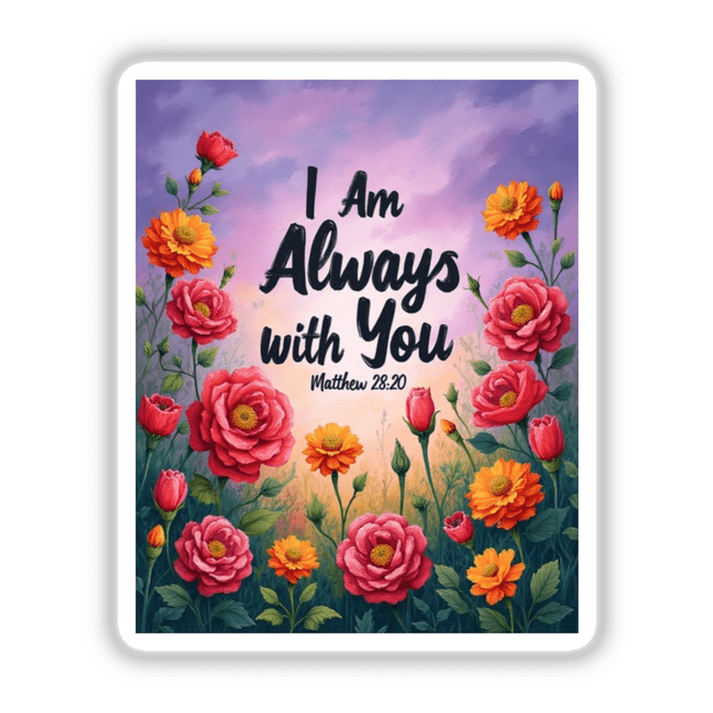 Fauvist Spring Marigold “I Am Always With You” Matthew 28:20 Sticker or Clipart features a floral design with roses and text, available as stickers or digital artwork.