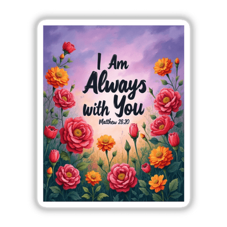 Fauvist Spring Marigold “I Am Always With You” Matthew 28:20 Sticker or Clipart features a floral design with roses and text, available as stickers or digital artwork.