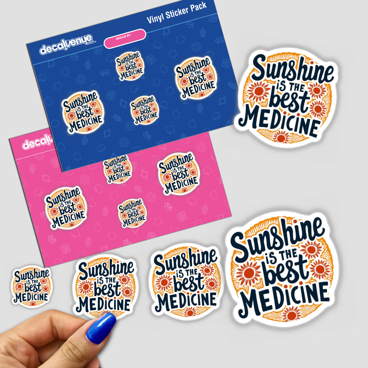 Hand holding Sunshine is the Best Medicine Retro Sunflower Sticker, featuring text and floral elements, available as stickers or digital artwork.