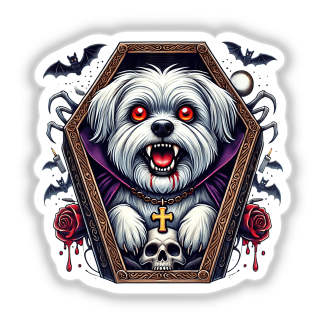 Sinister Maltese Dog in Spooky Vampire Coffin with Bats and Skull Decor