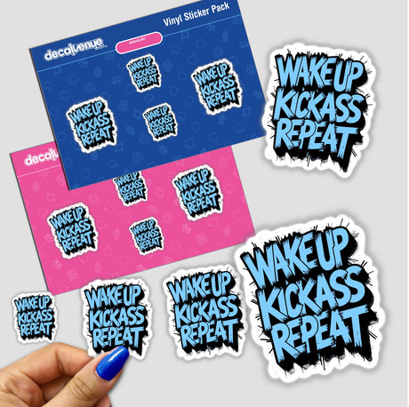 Wake Up Kick Ass Repeat Funny Quote sticker held in hand, showcasing bold typography on a decorative surface, available as a unique vinyl sticker or digital artwork.