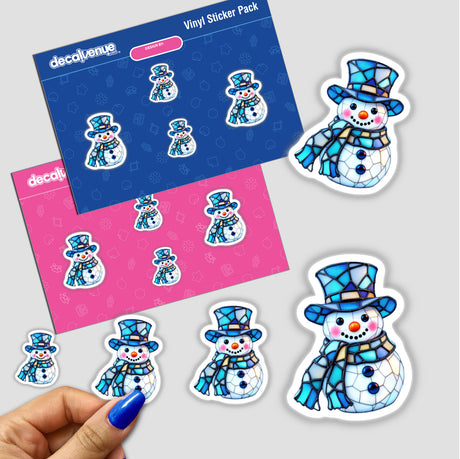 Snowman Stained Glass Style sticker, featuring a snowman with a hat and scarf, held by a hand. Available as stickers or digital artwork from Decal Venue.