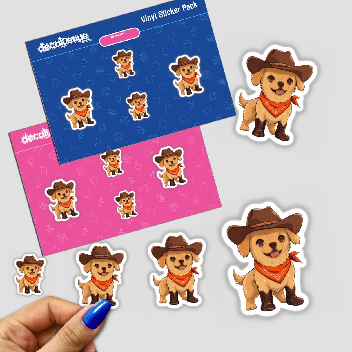 Chibi Cowboy Dog Sticker featuring cartoon dogs in cowboy hats and boots, perfect as decals or digital clipart. Includes a blue pen for size reference.