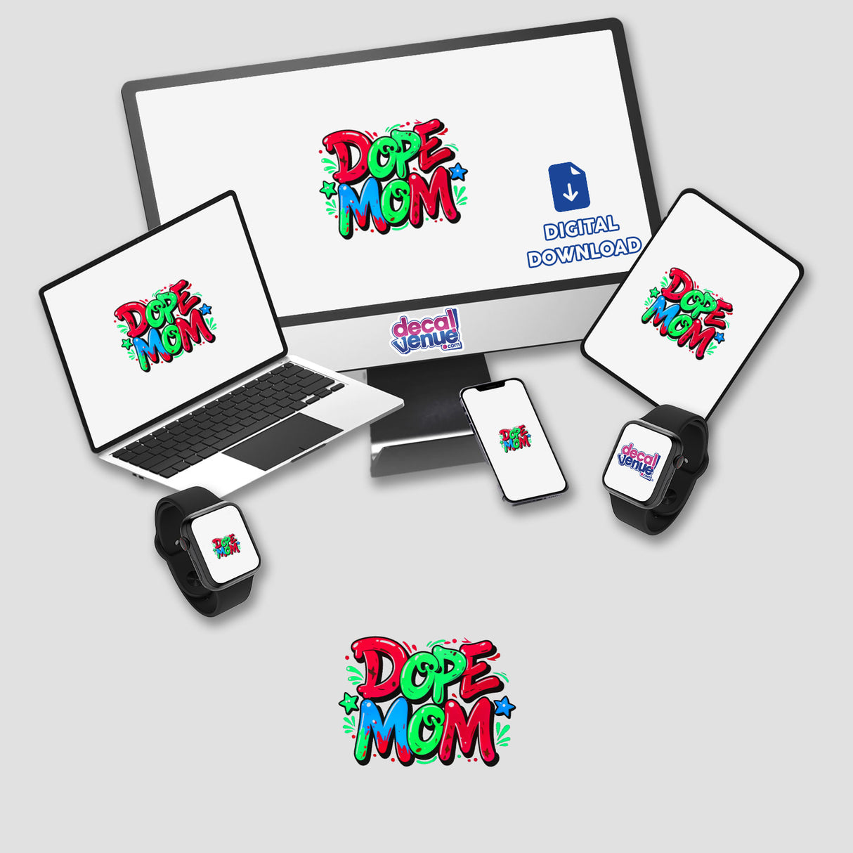 Dope Mom sticker featuring a laptop and phone alongside a computer monitor, highlighting the tech-savvy theme. Available as both a vinyl sticker and digital artwork from Decal Venue.
